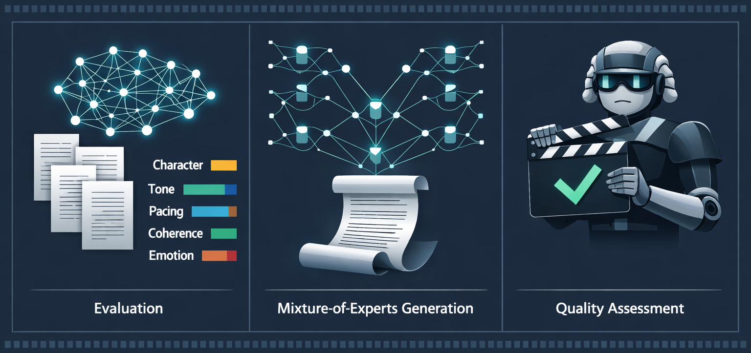 Visual breakdown of PlotTwist's three components: Evaluation with NQD bars, Mixture-of-Experts Generation network, and Quality Assessment robot
