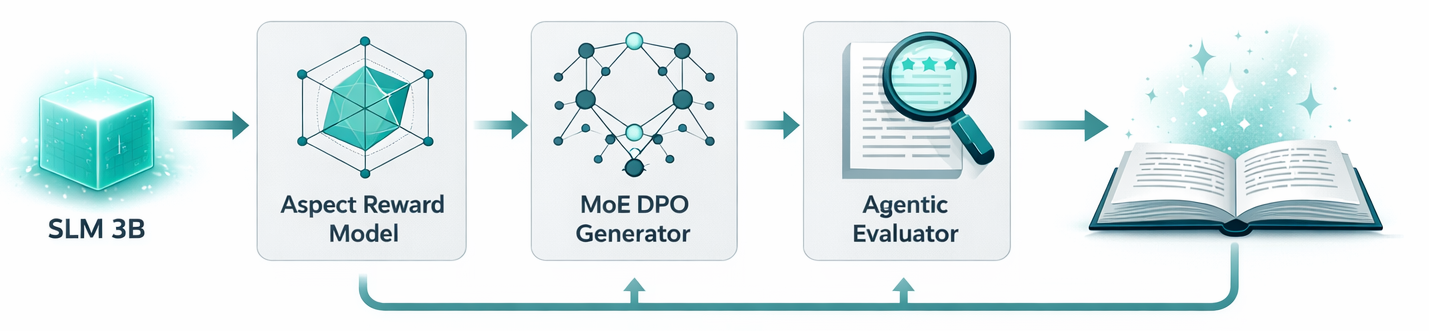PlotTwist pipeline: SLM 3B feeds into Aspect Reward Model, MoE DPO Generator, then Agentic Evaluator, producing a final plot